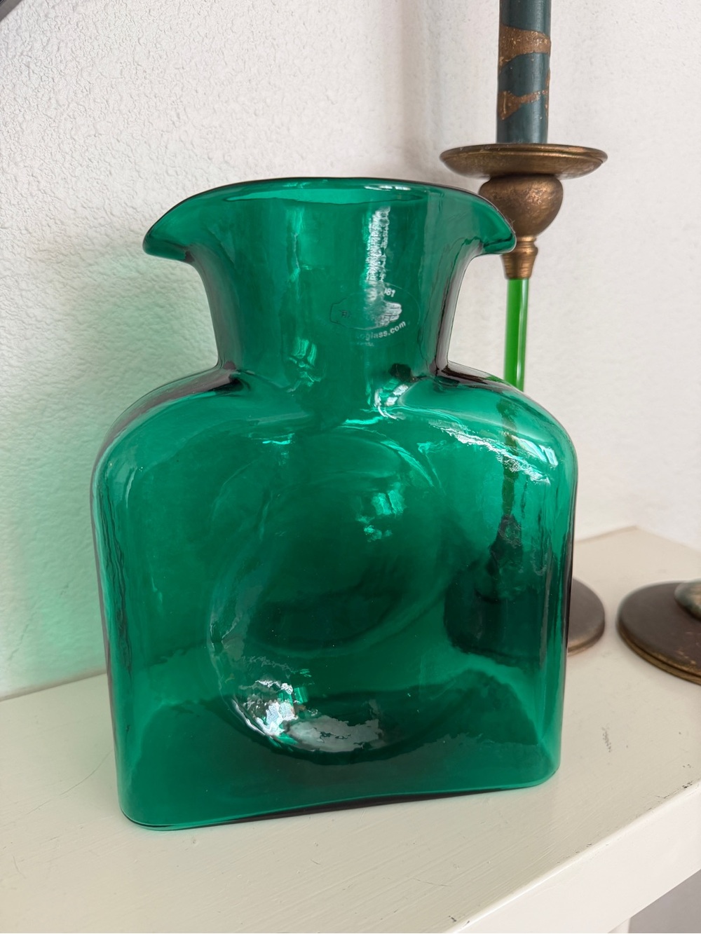 Blenko Emerald Green Art Glass Vase Hand Blown Square Base Flared Rim MCM